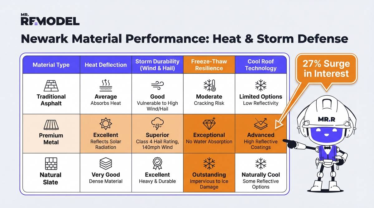 A roofing material comparison infographic for Newark homeowners, highlighting metal and slate as the best choices for energy efficiency and storm resistance.